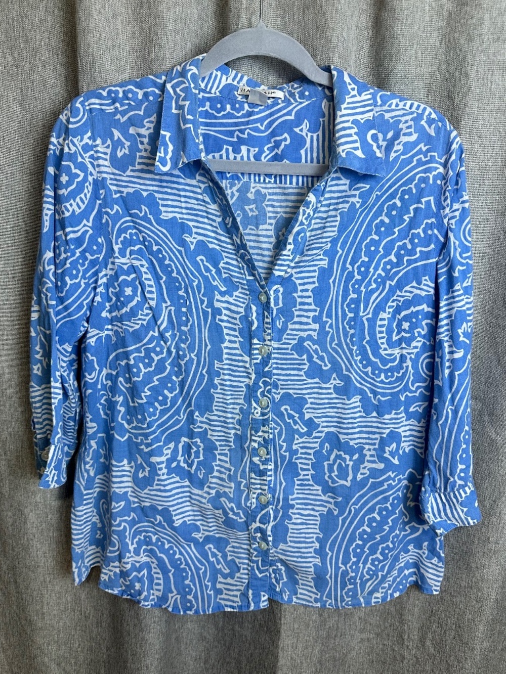 Hannah Blue & White Paisley Button Down Cotton Blouse Top - Size L